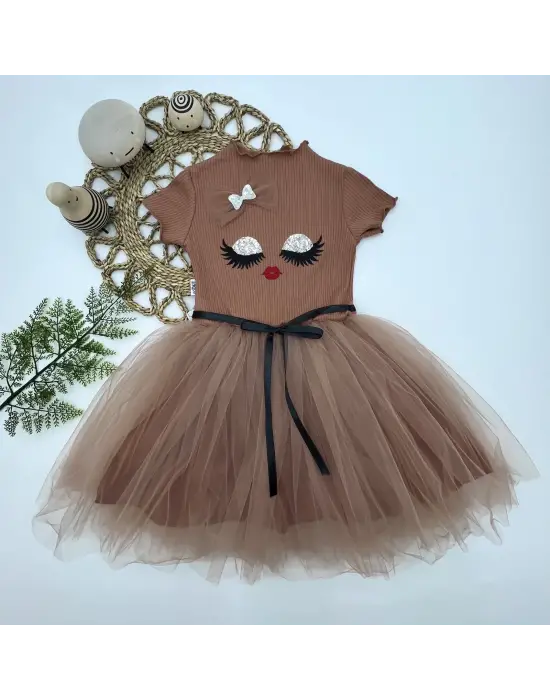 İddialı Payetli Yüz Baskılı Kız Çocuk Elbisesi