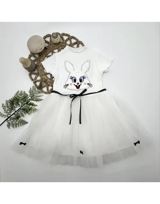 Enerjik Payetli Tavşan Baskılı Kız Çocuk Elbisesi