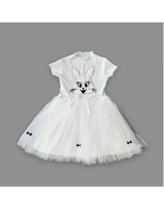 Enerjik Payetli Tavşan Baskılı Kız Çocuk Elbisesi
