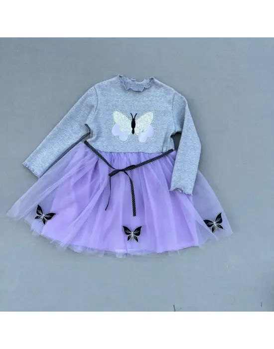 Çarpıcı Kelebek Desenli Astarlı Kız Çocuk Tütü Elbise
