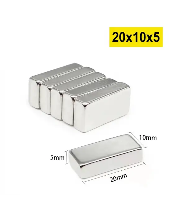 5 Adet 20x10x5 Mm Neodyum Magnet N35 Güçlü Mıknatıs Köşeli Ve Dayanıklı Nikel Kaplama