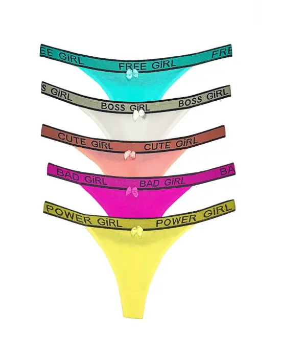 5 Adet Beli Yazılı Pamuk Kadın Tanga String Külot