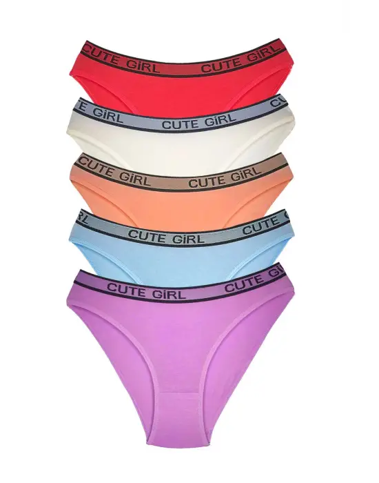 5 Adet Beli Yazılı Pamuklu Kalın Lastik Kadın Slip Külot