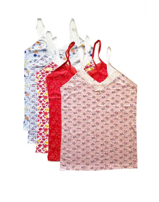 5 Adet Kadın Askılı Desenli Atlet Dantelli Empirme Pamuklu Penye D6-10