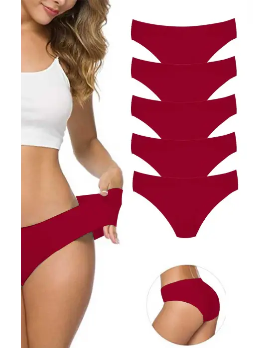 5 Adet Kadın Dikişsiz Lazer Kesim Esnek İz yapmayan Külot Bordo