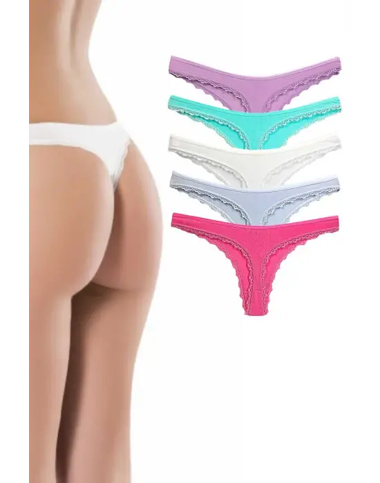 5 Adet Pamuklu Kadın Klasik Dantelli String Tanga