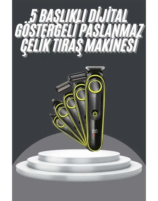 5 Başlıklı Şarjlı Tıraş Makinesi Led Ekran Saç Sakal Ense Tıraşına Uygun Bakım Seti
