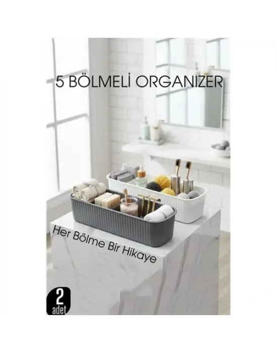 5 Bölmeli Banyo ve Makyaj Organizer Kutusu Gri & Beyaz 2’li Set  Tezgah Üstü Düzenleyici