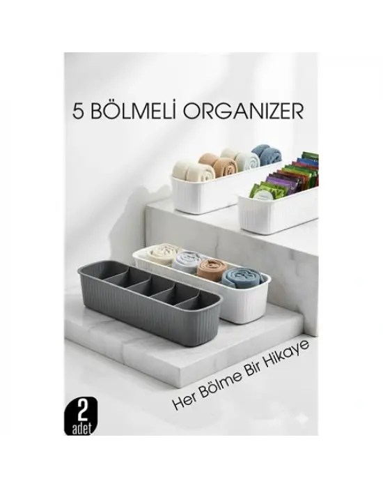 5 Bölmeli Dolap ve Çekmece İçi 2’li Set Organizer Kutusu (Gri & Beyaz)