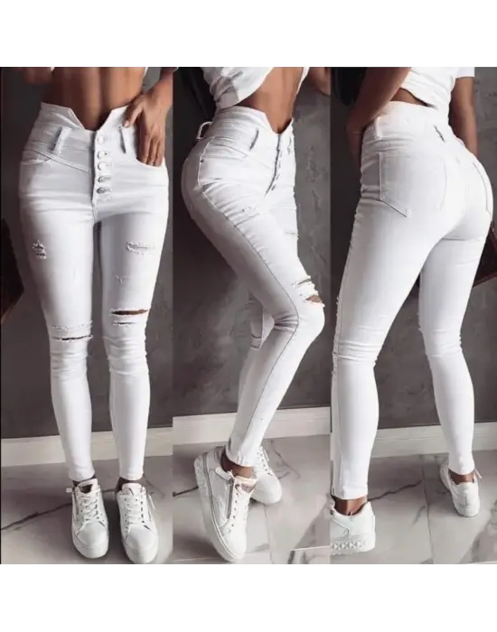 5 Düğmeli V Detay Bel Yırtık Kot