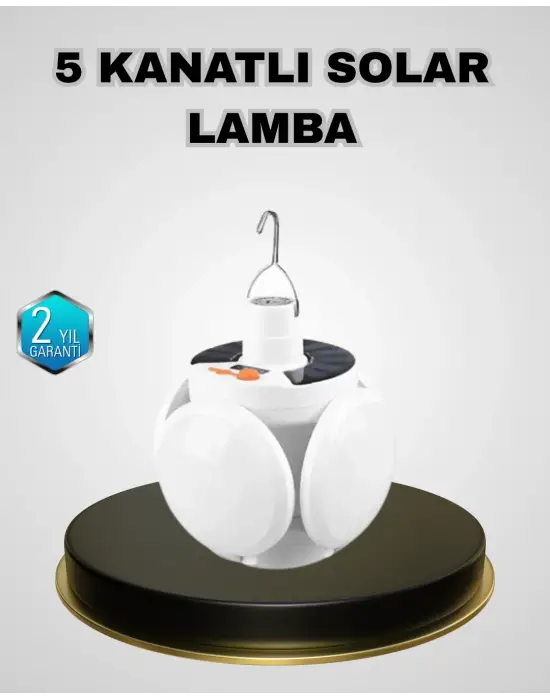 5 Kanatlı Solar Kamp Lambası – Usb Şarjlı, Taşınabilir, Ip65 Su Geçirmez Bahçe Lambası
