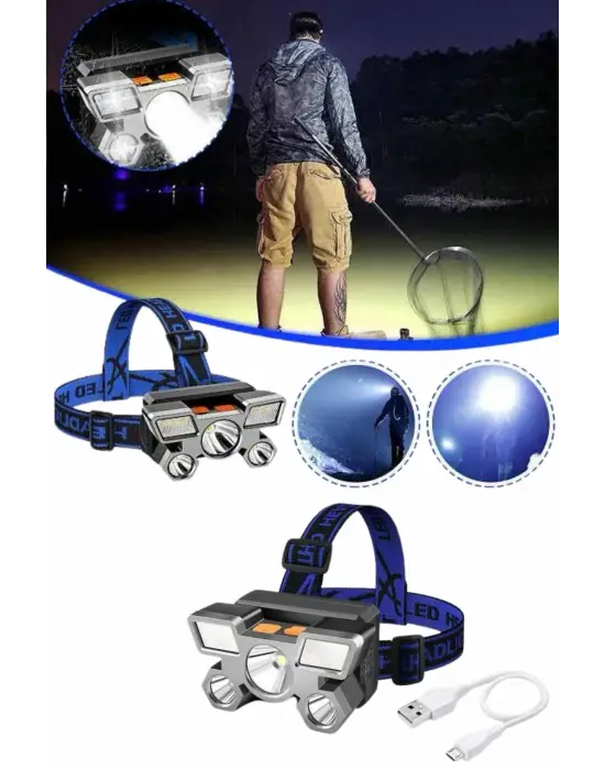 5 Led Far Şarj Edilebilir Güçlü Kafa Lambası Kamp Lambası 4 Modlu (kopya)