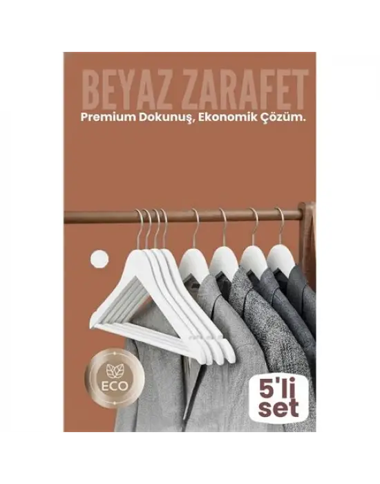 5li Lüks Beyaz Elbise Ceket Askısı - Ergonomik & Kaymaz Plastik Askı Seti -  Ahşap Görünümlü