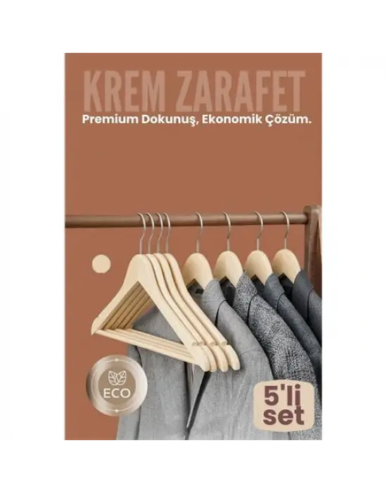 5li Lüks Krem Elbise Ceket Askısı - Ergonomik & Kaymaz Plastik Askı Seti -  Ahşap Görünümlü