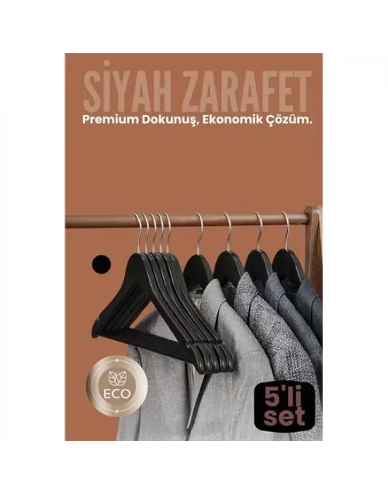 5li Lüks Siyah Elbise Ceket Askısı - Ergonomik & Kaymaz Plastik Askı Seti -  Ahşap Görünümlü