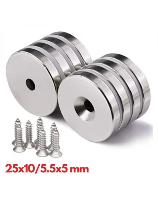 50 Adet 25x10/5x5,5 Mm Neodyum Mıknatıs Havşa Delikli Magnet Vida Atılabilir N35 Nikel Paslanmaz