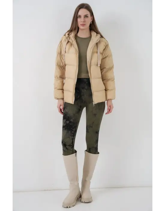 5117 Kapşonlu Şişme Mont - Vizon