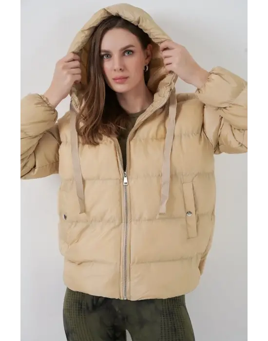 5117 Kapşonlu Şişme Mont - Vizon