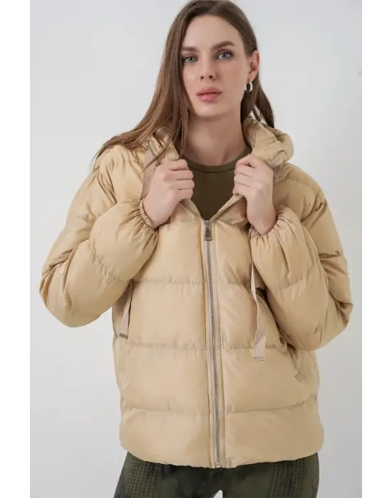 5117 Kapşonlu Şişme Mont - Vizon