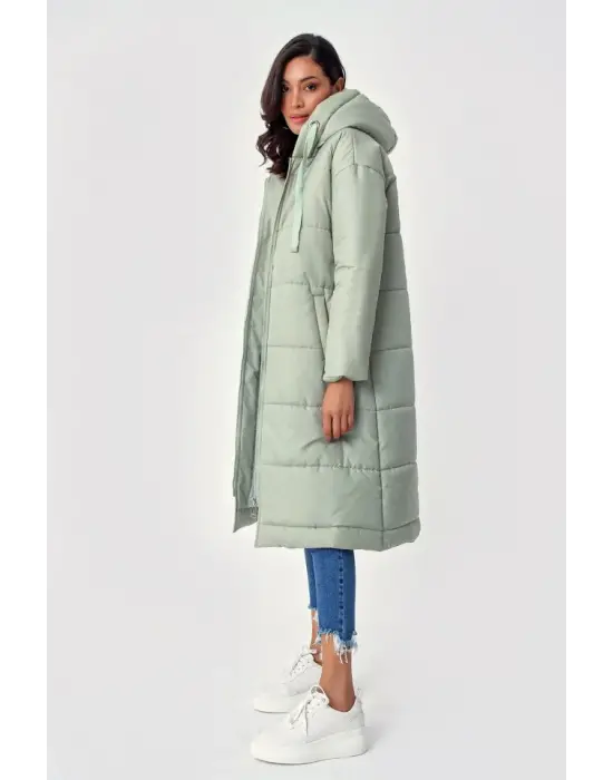 5120 Kapşonlu Uzun Şişme Mont - Mint