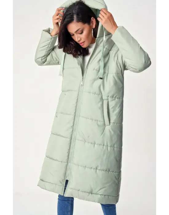 5120 Kapşonlu Uzun Şişme Mont - Mint