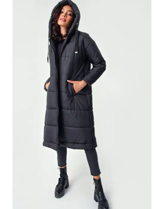 5120 Kapşonlu Uzun Şişme Mont - Siyah