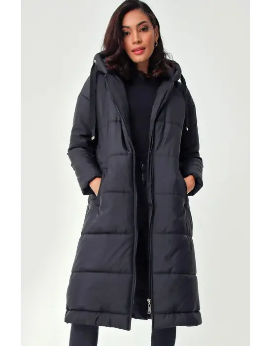 5120 Kapşonlu Uzun Şişme Mont - Siyah