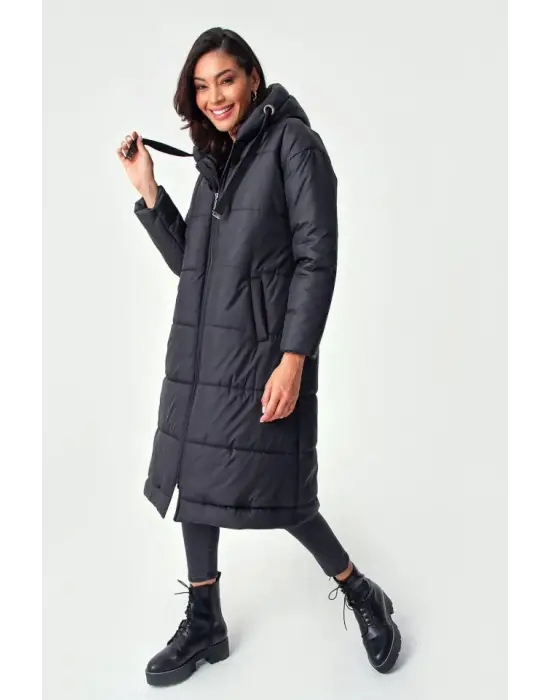 5120 Kapşonlu Uzun Şişme Mont - Siyah