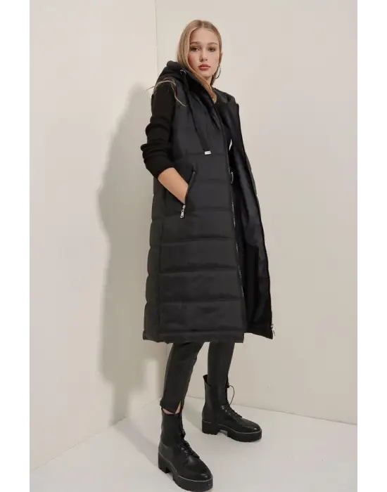 5140 Kapşonlu Uzun Şişme Yelek - Siyah