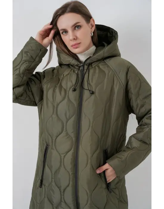 5177 Kapüşonlu Uzun Kapitone Mont - Haki