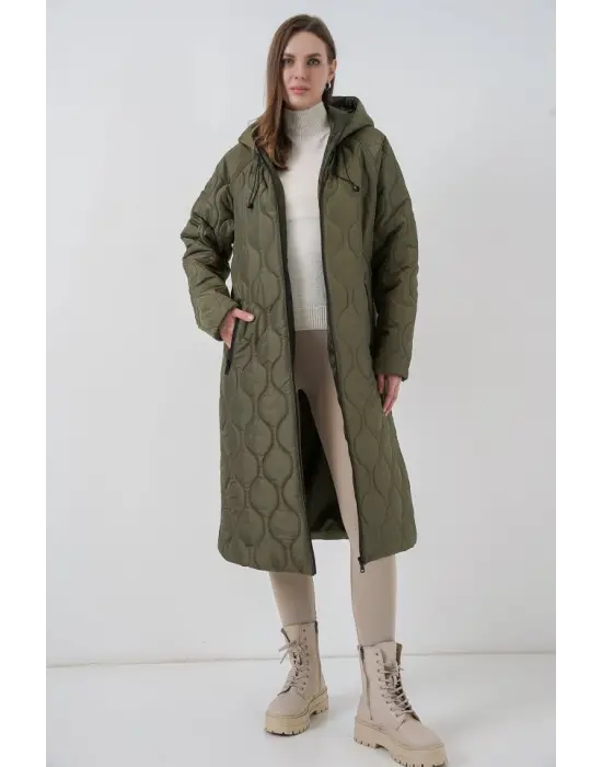 5177 Kapüşonlu Uzun Kapitone Mont - Haki