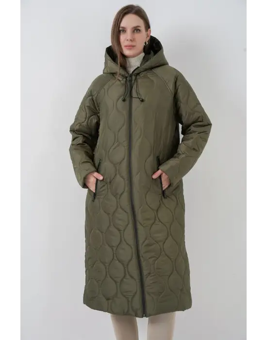 5177 Kapüşonlu Uzun Kapitone Mont - Haki