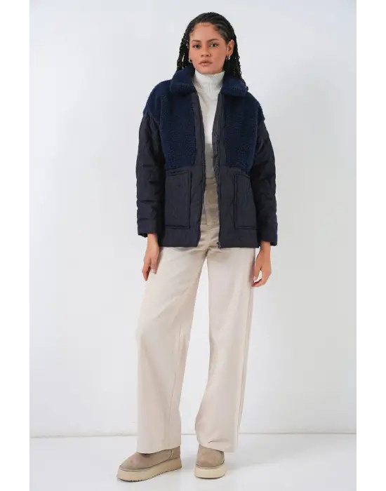 5182 Peluş Detaylı Oversize Şişme Mont - Lacivert