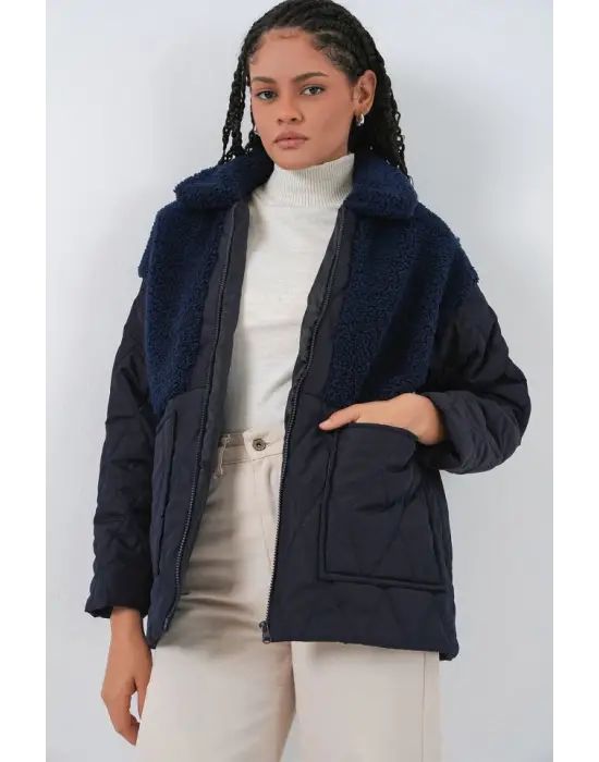 5182 Peluş Detaylı Oversize Şişme Mont - Lacivert