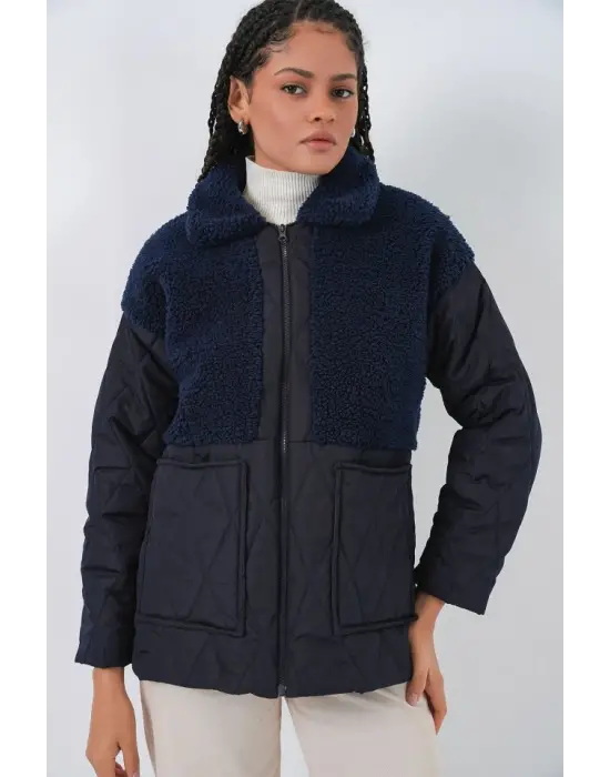 5182 Peluş Detaylı Oversize Şişme Mont - Lacivert