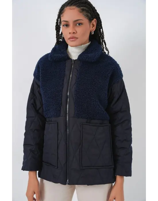 5182 Peluş Detaylı Oversize Şişme Mont - Lacivert