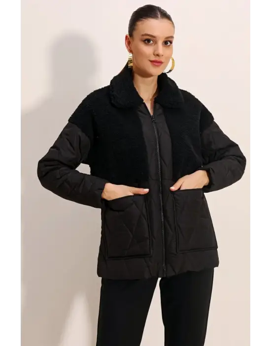 5182 Peluş Detaylı Oversize Şişme Mont - Siyah