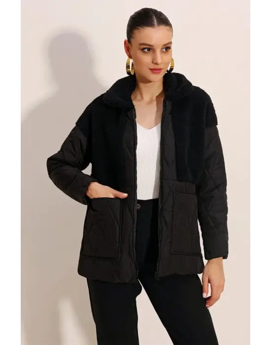 5182 Peluş Detaylı Oversize Şişme Mont - Siyah