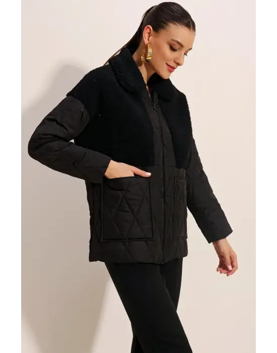 5182 Peluş Detaylı Oversize Şişme Mont - Siyah