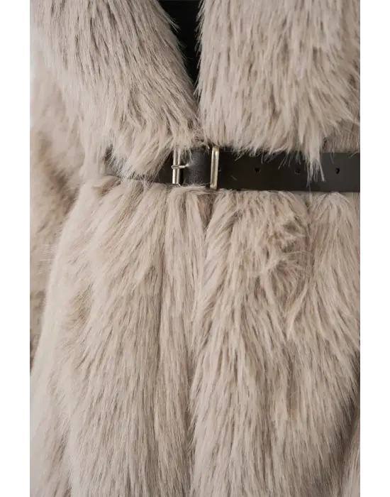 5186 Kruvaze Peluş Kürk Kaban - Krem