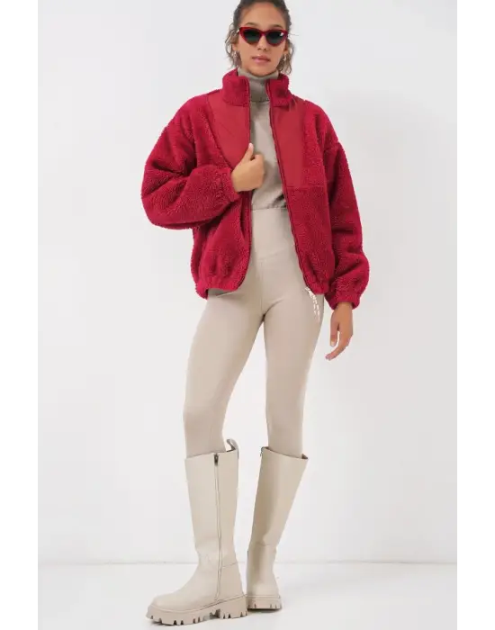 5194 Peluş Mont Ceket - A.Bordo
