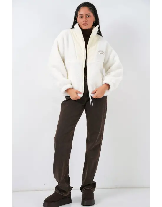 5194 Peluş Mont Ceket - Ekru