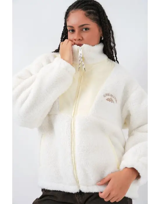5194 Peluş Mont Ceket - Ekru