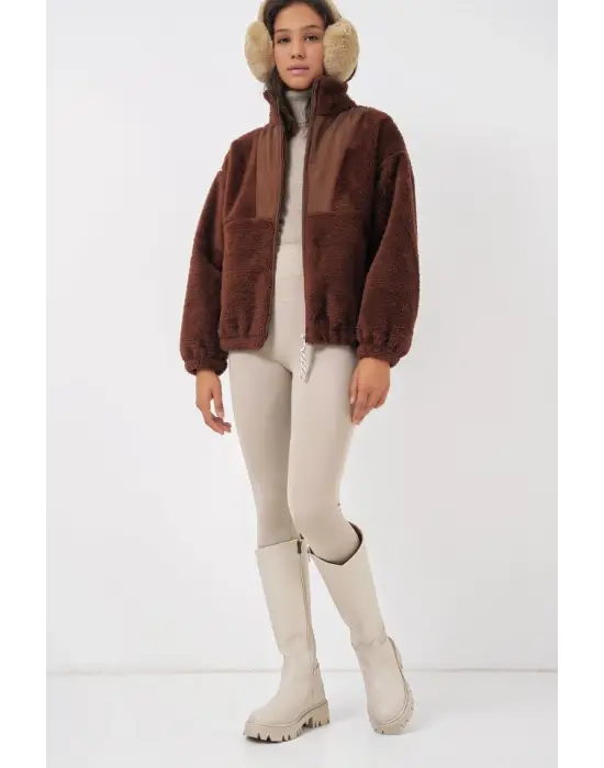 5194 Peluş Mont Ceket - Kahverengi