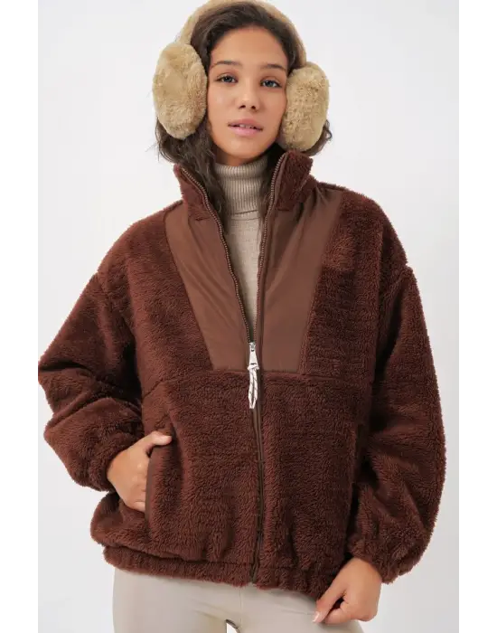 5194 Peluş Mont Ceket - Kahverengi