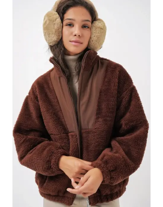 5194 Peluş Mont Ceket - Kahverengi