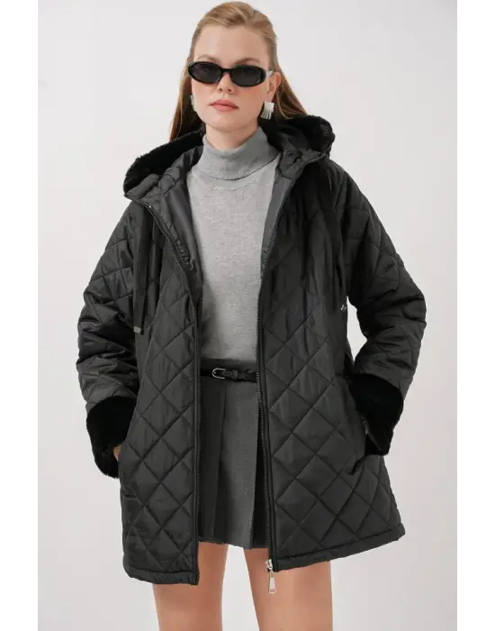 5197 Kapüşonlu Kapitone Mont - Siyah