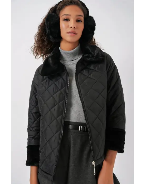 5202 Peluş Detaylı Kapitone Mont - Siyah