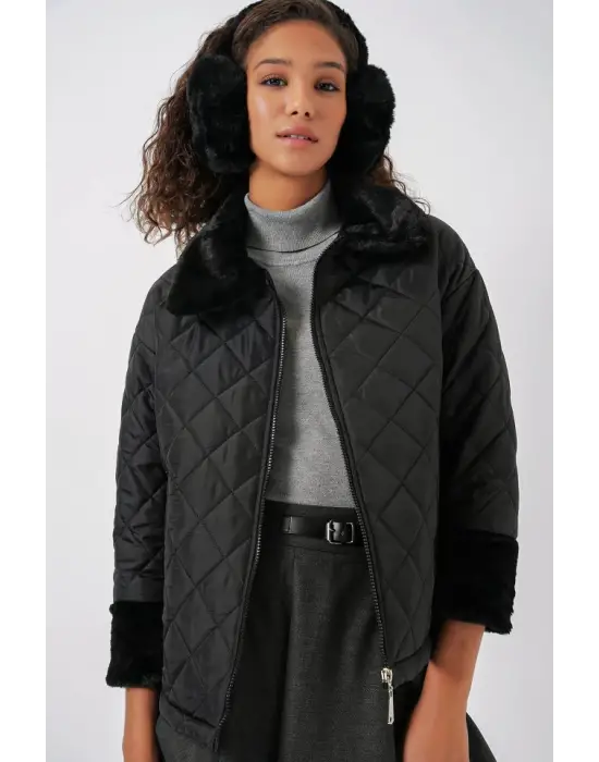 5202 Peluş Detaylı Kapitone Mont - Siyah