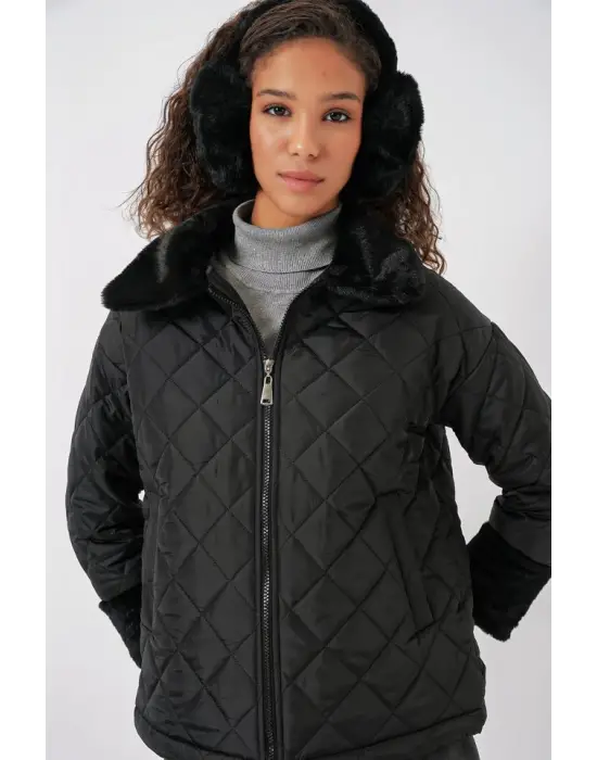 5202 Peluş Detaylı Kapitone Mont - Siyah